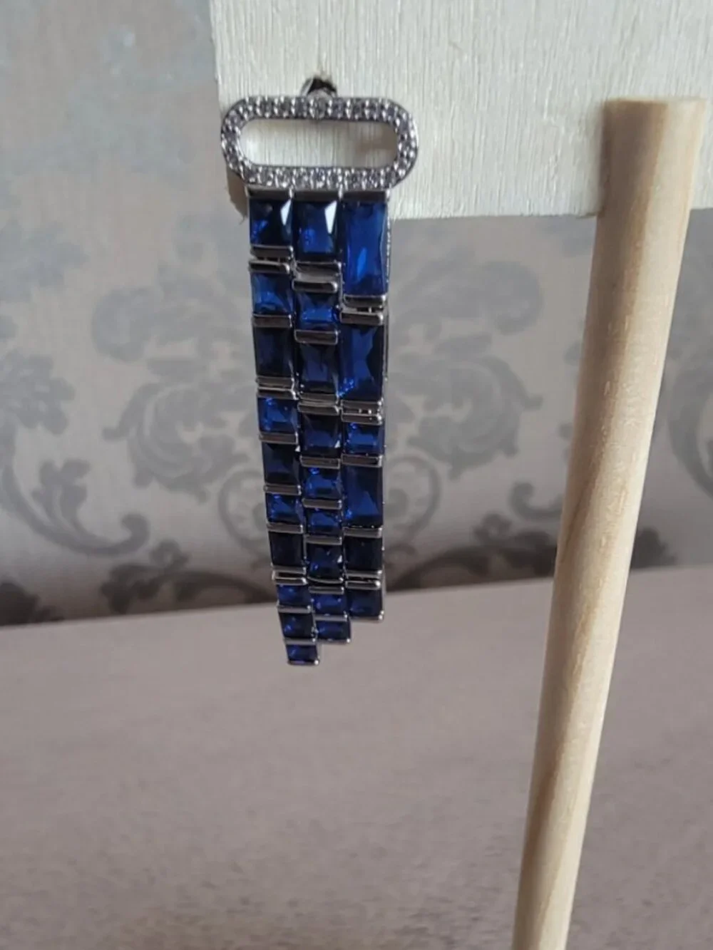 Blue Glass and Simulated Diamond Earrings in Silver Tone